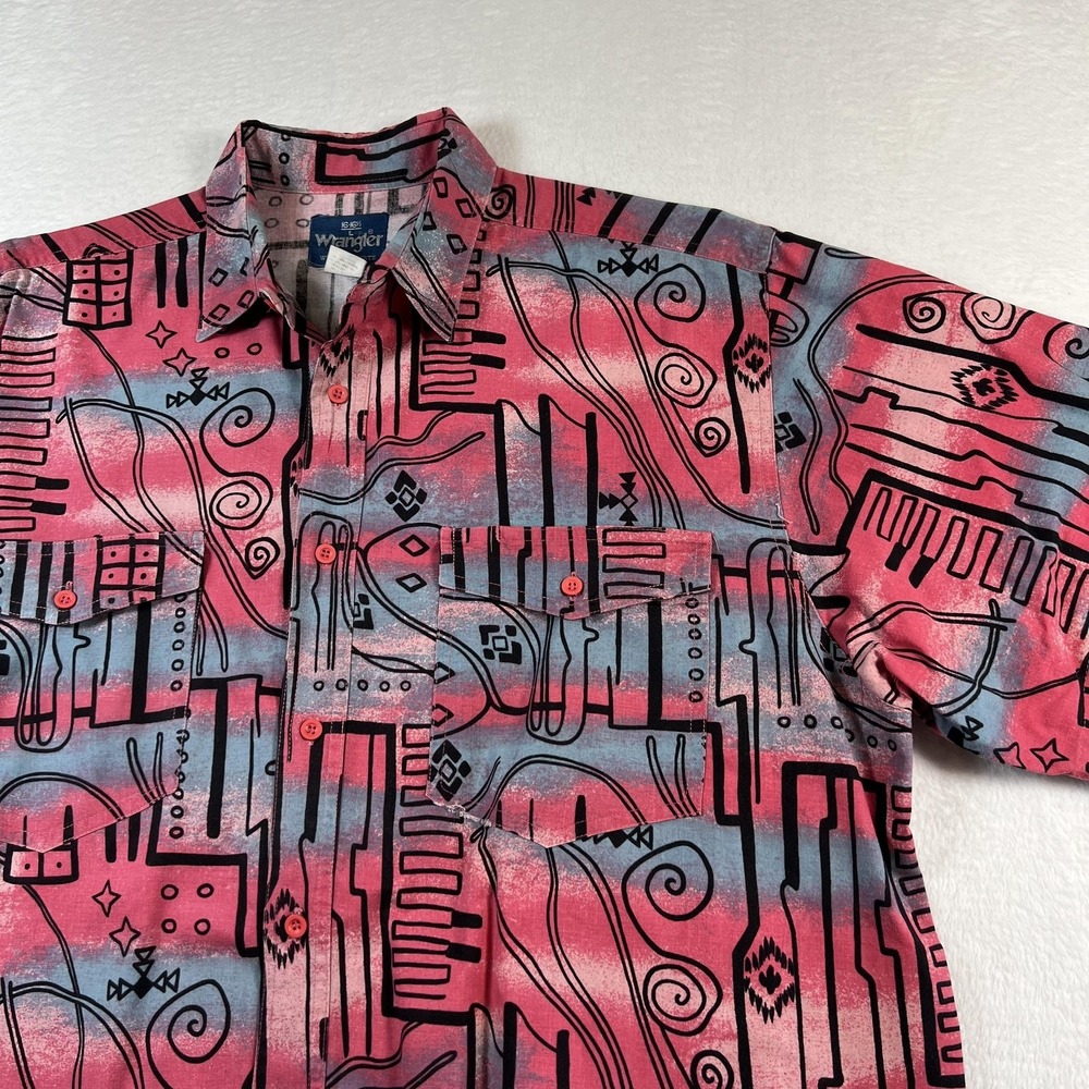 Vintage Wrangler Shirt Mens L Multicolor Abstract Western Short Sleeve Button Up